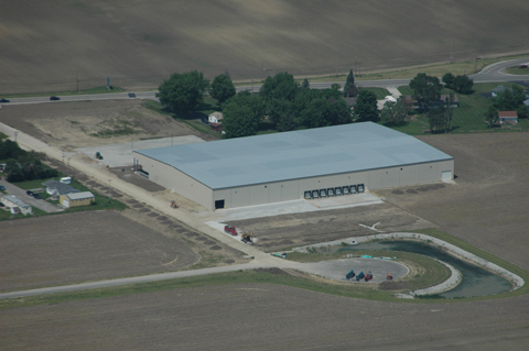 An aerial view of the spec building
