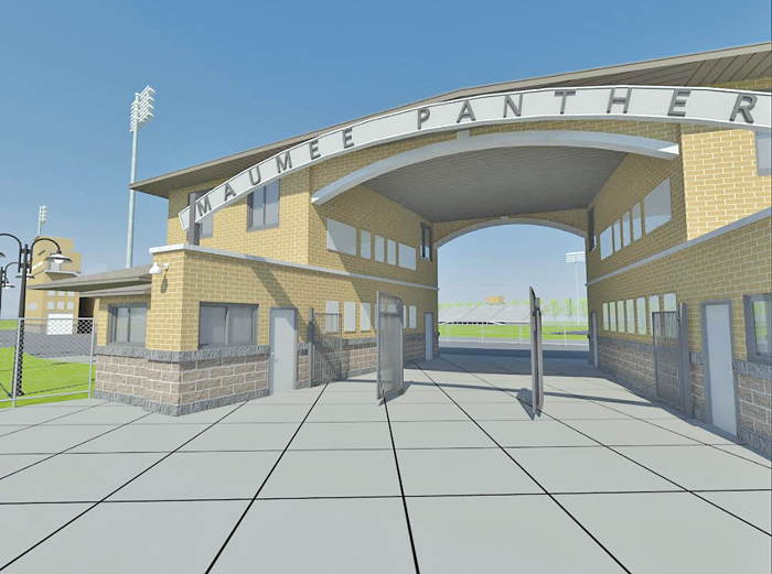 Exterior rendering of the renovated west entry to Maumee High School’s Kazmaier Stadium