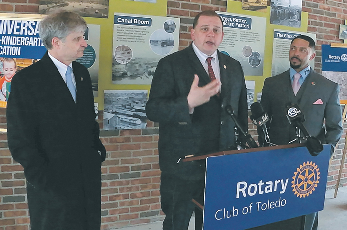 (Left to right) Dick Wolff, Rotary Club of Toledo president; Toledo Mayor Wade Kapszukiewicz; and Romules Durant, Toledo Public Schools superintendent 