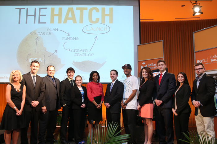 BGSU Hatch entrepreneurs from 2014 (left to right): Caitlin Flack, Grant Kirkey, Robert Striblen, Taylor Frazer, Morgan Smith, Nicole Braxton, Jerrod Witt, Loren Branch, Sara Scacchi, Stefan Gridic, Angela Lucarelli, and Alan Eschweiler